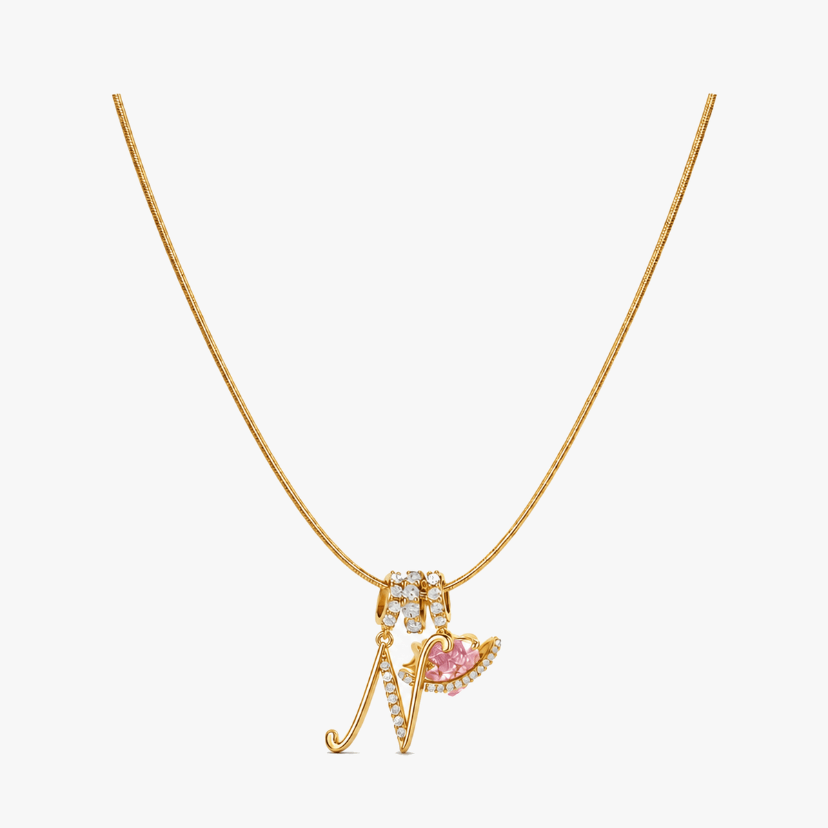 3-Layer Initial Necklace with Pink Heart Zircon