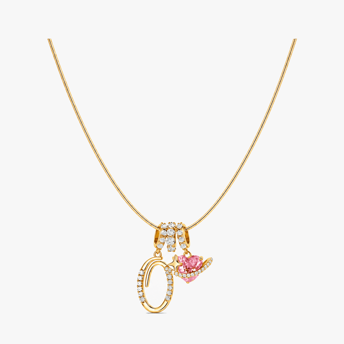 3-Layer Initial Necklace with Pink Heart Zircon