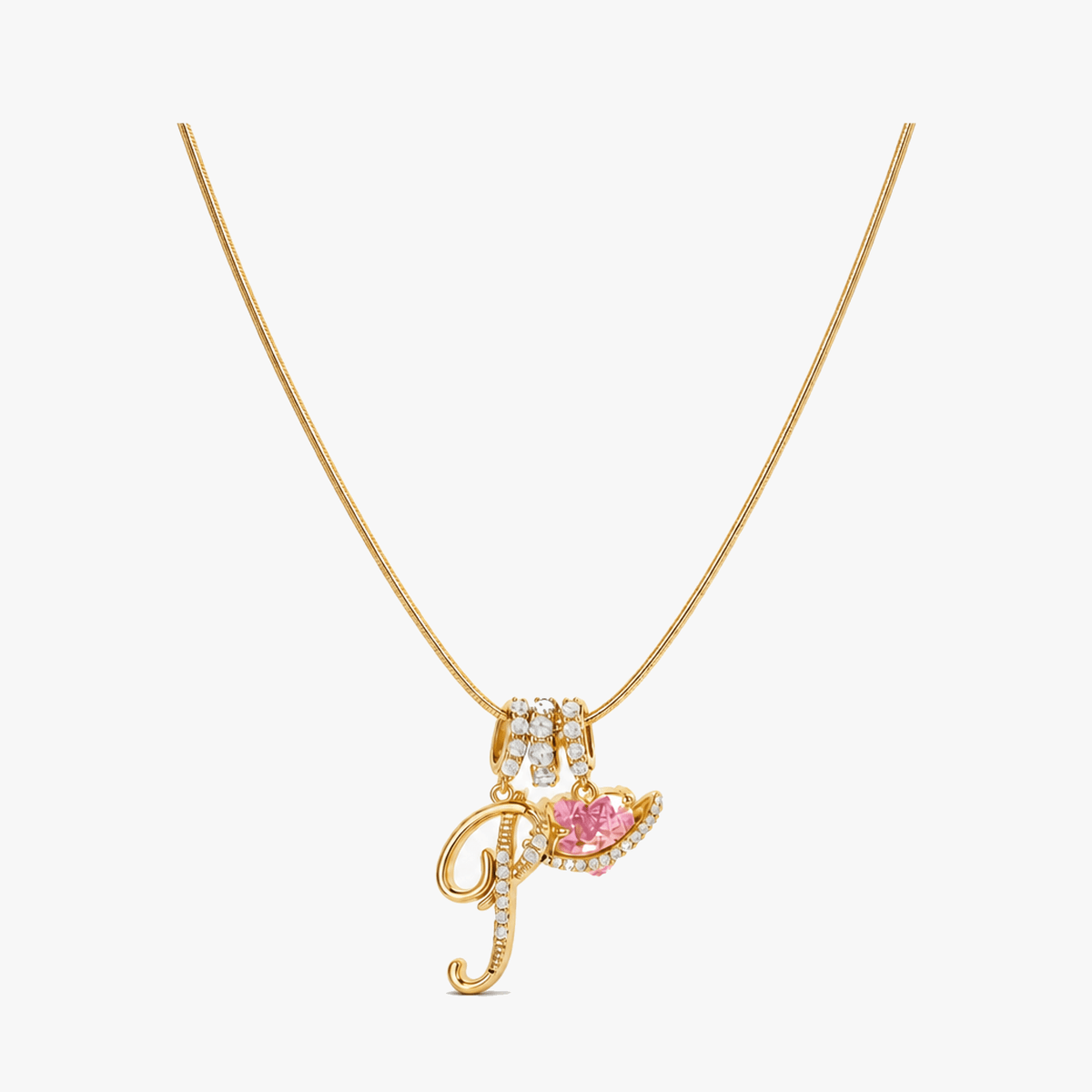 3-Layer Initial Necklace with Pink Heart Zircon