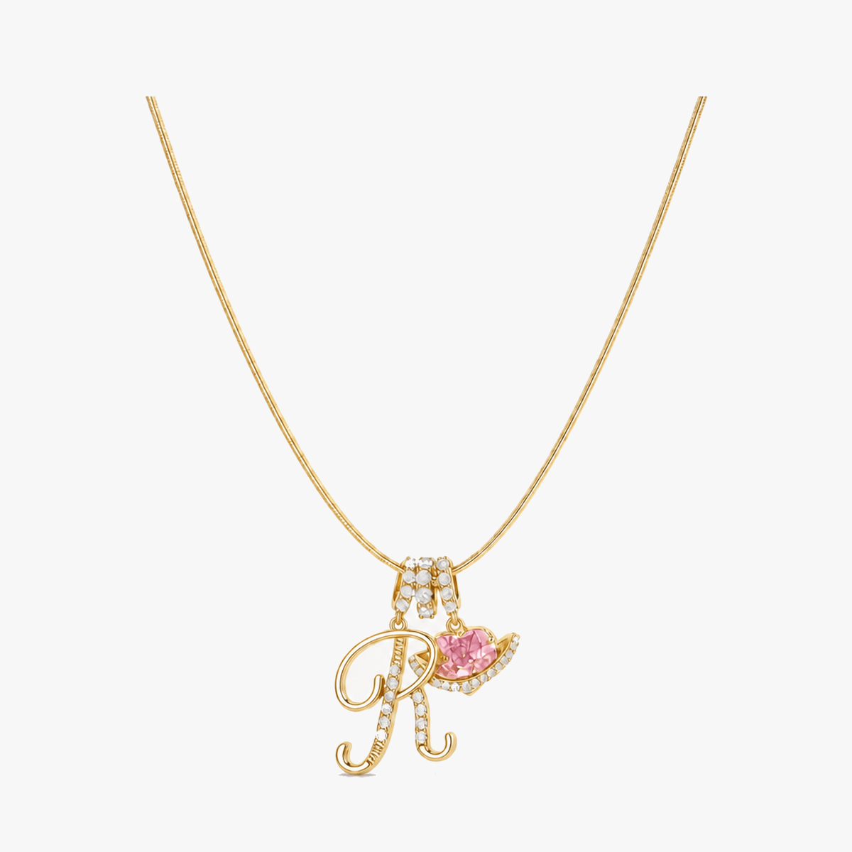 3-Layer Initial Necklace with Pink Heart Zircon