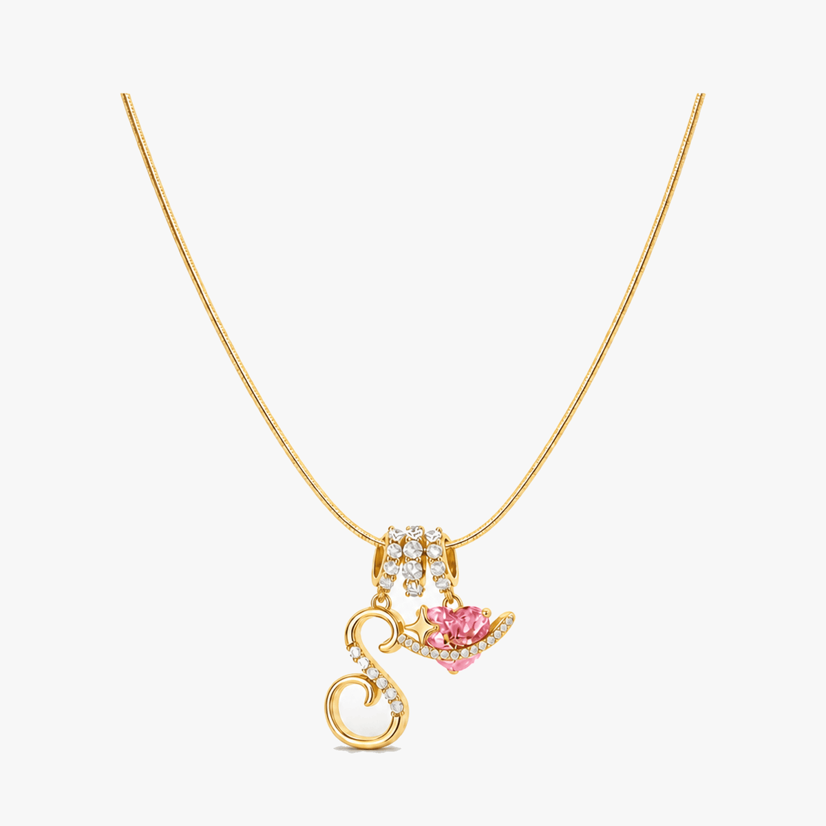 3-Layer Initial Necklace with Pink Heart Zircon