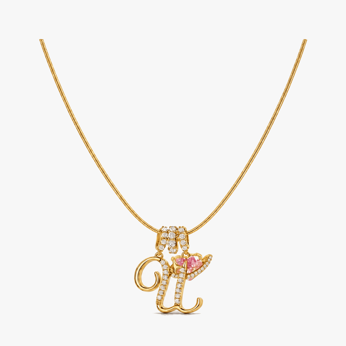 3-Layer Initial Necklace with Pink Heart Zircon
