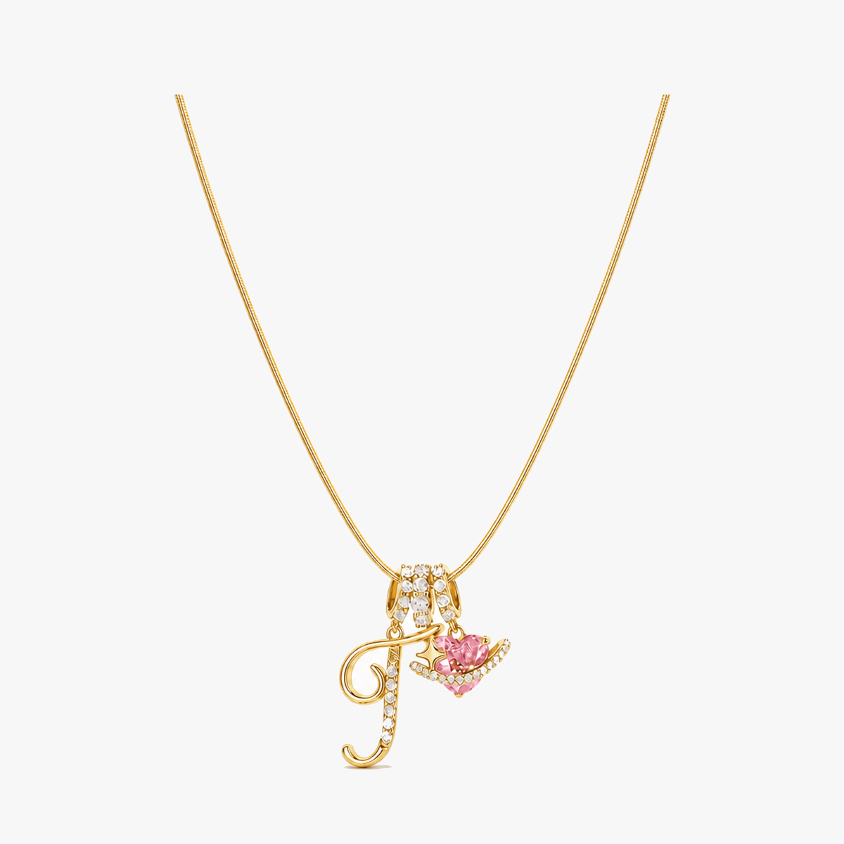 3-Layer Initial Necklace with Pink Heart Zircon