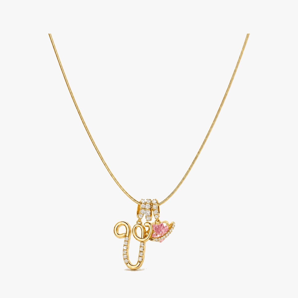3-Layer Initial Necklace with Pink Heart Zircon