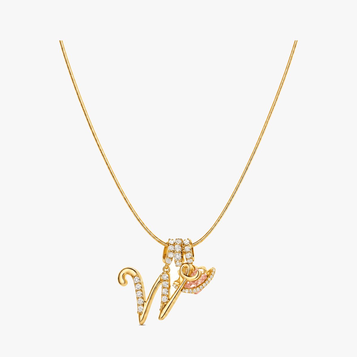3-Layer Initial Necklace with Pink Heart Zircon