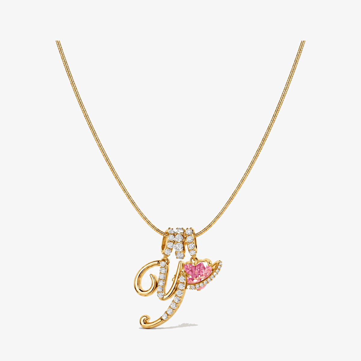 3-Layer Initial Necklace with Pink Heart Zircon