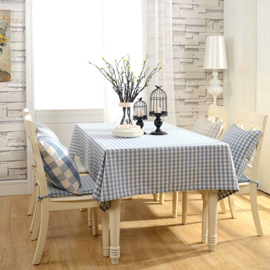 Blue Plaid Cotton Linen Tea Plaid Rural Rectangular Tablecloth
