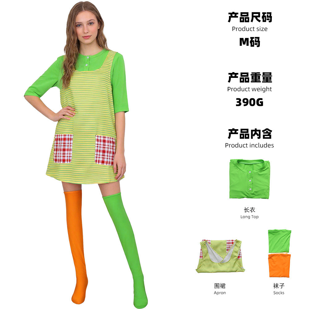 Pippi Longstocking Cosplay Costume Yellow Green Striped Dress