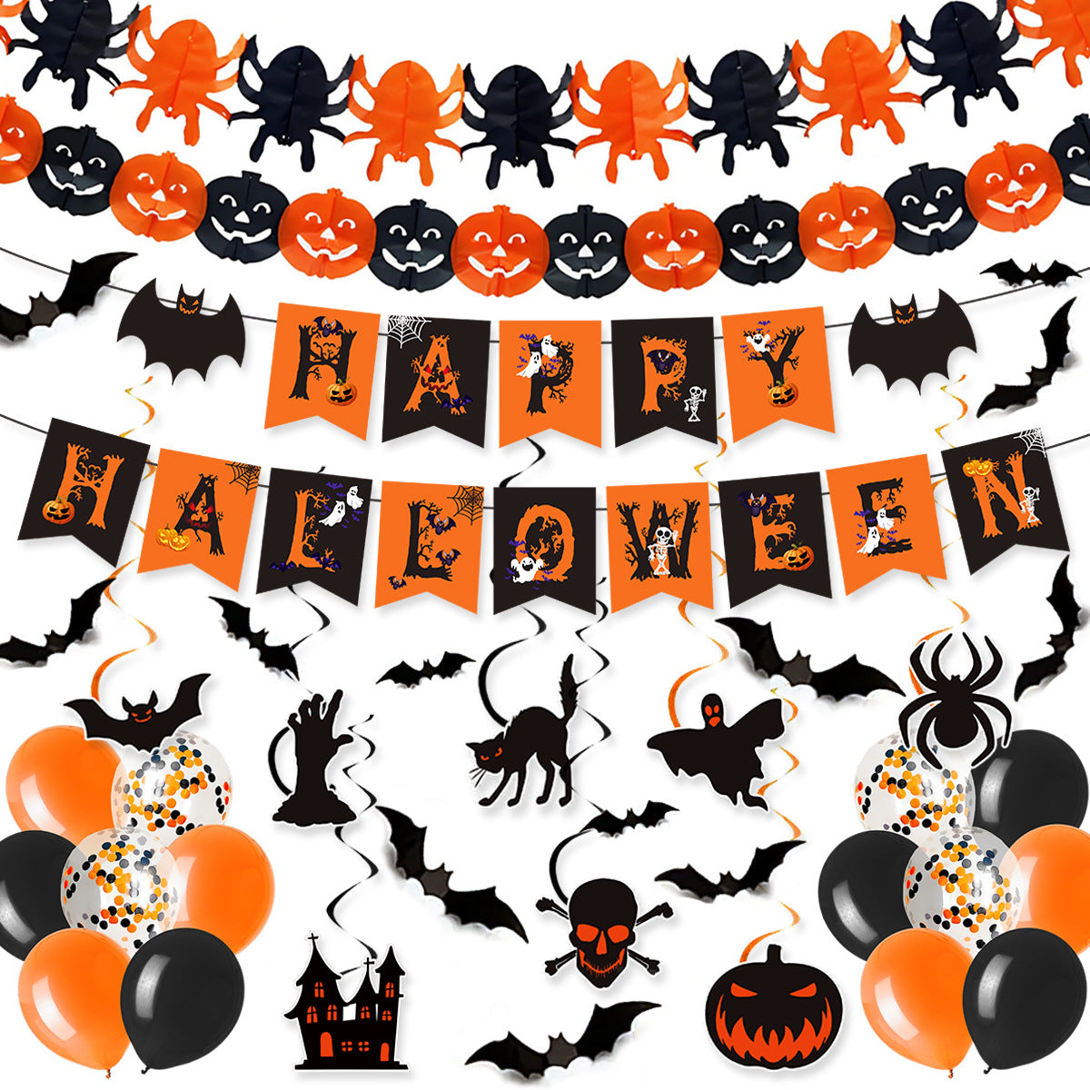 Halloween Party Decorations Black Orange Bats Flags Streamers Balloons Set