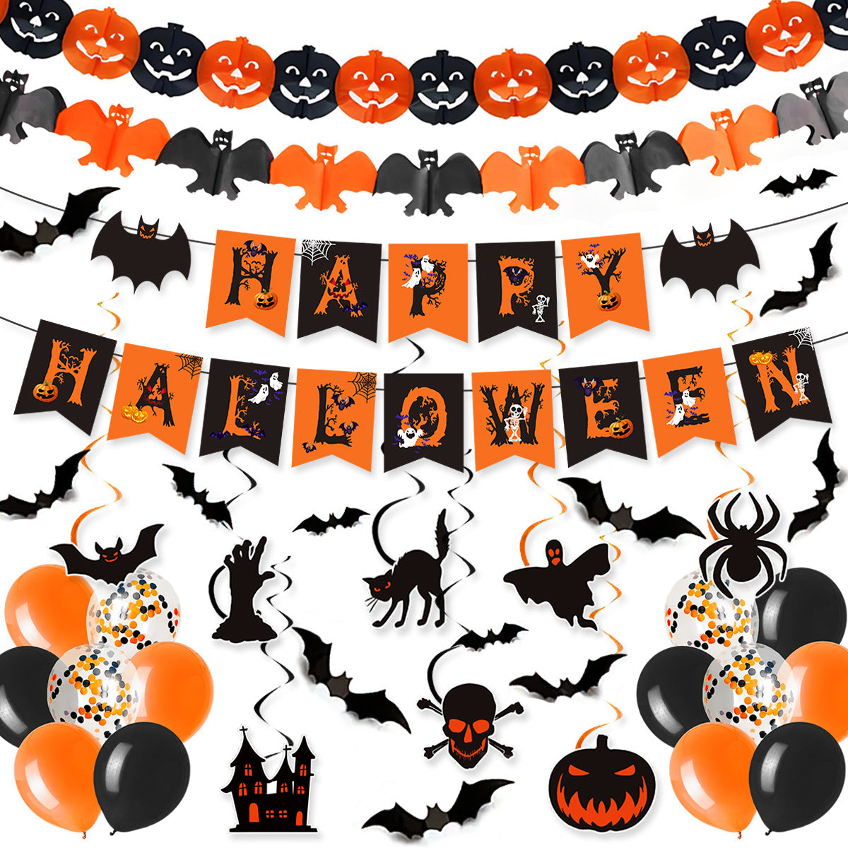 Halloween Party Decorations Black Orange Bats Flags Streamers Balloons Set