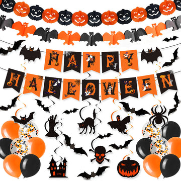 Halloween Party Decorations Black Orange Bats Flags Streamers Balloons Set