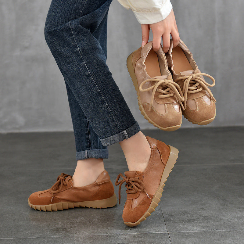 Babakud Women Spring Vintage Lace-Up Round-Toe Leather Shoes
