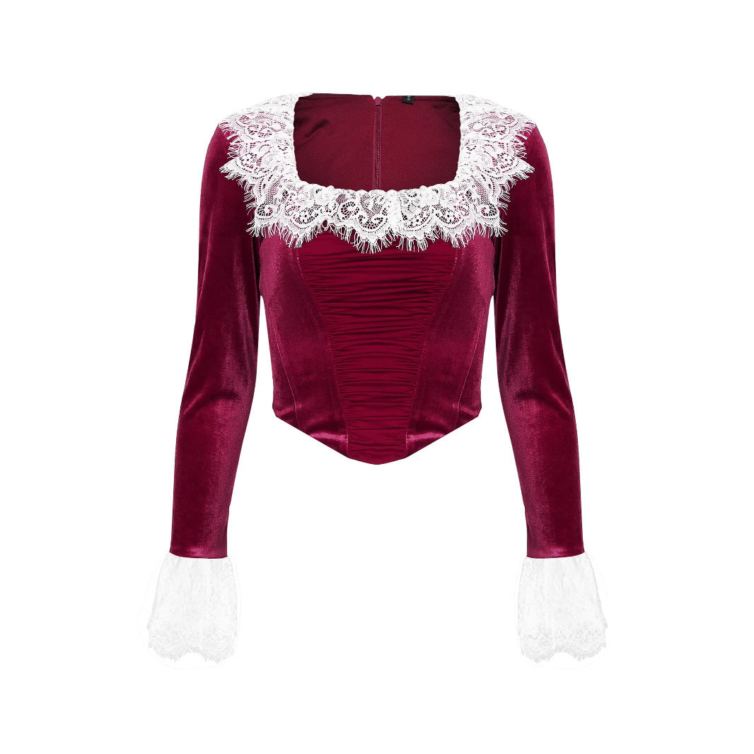 Christmas Velvet Lace Trim Flare Sleeve Square Neck Women's Top