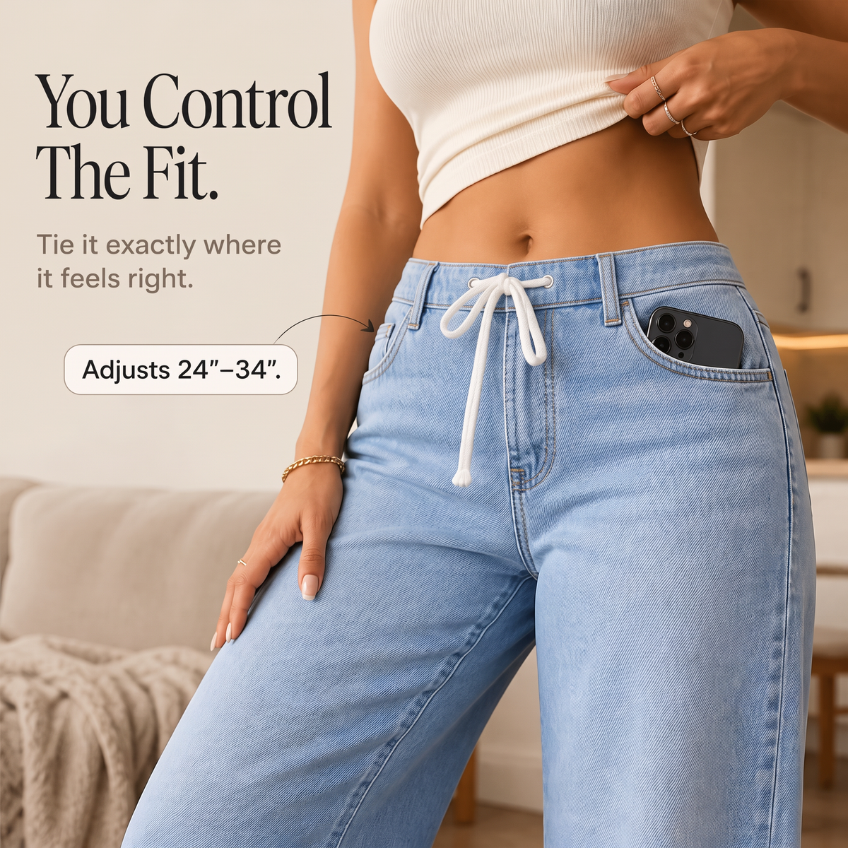 High-Waisted Drawstring Wide-Leg Jeans