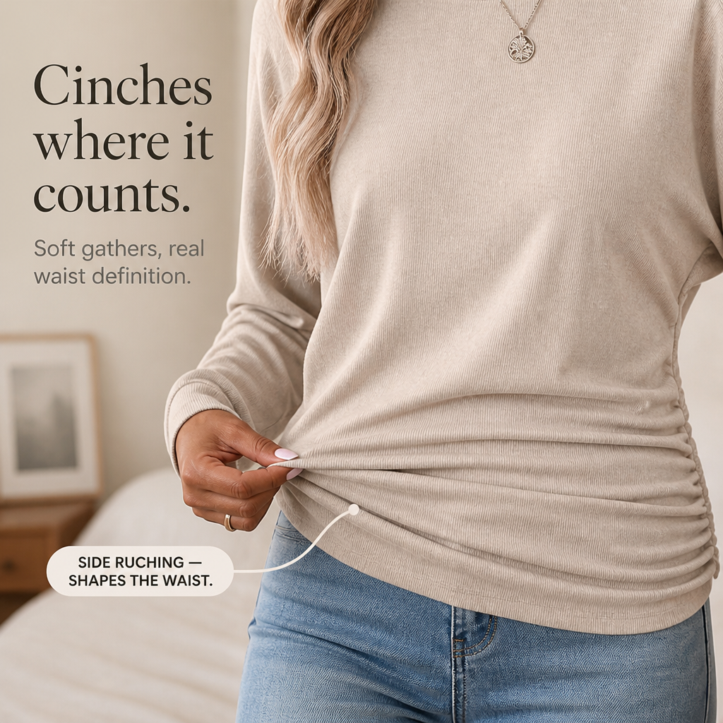 Side-Ruched Batwing Knit Sweater