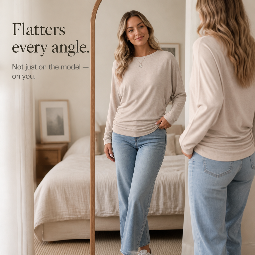 Side-Ruched Batwing Knit Sweater