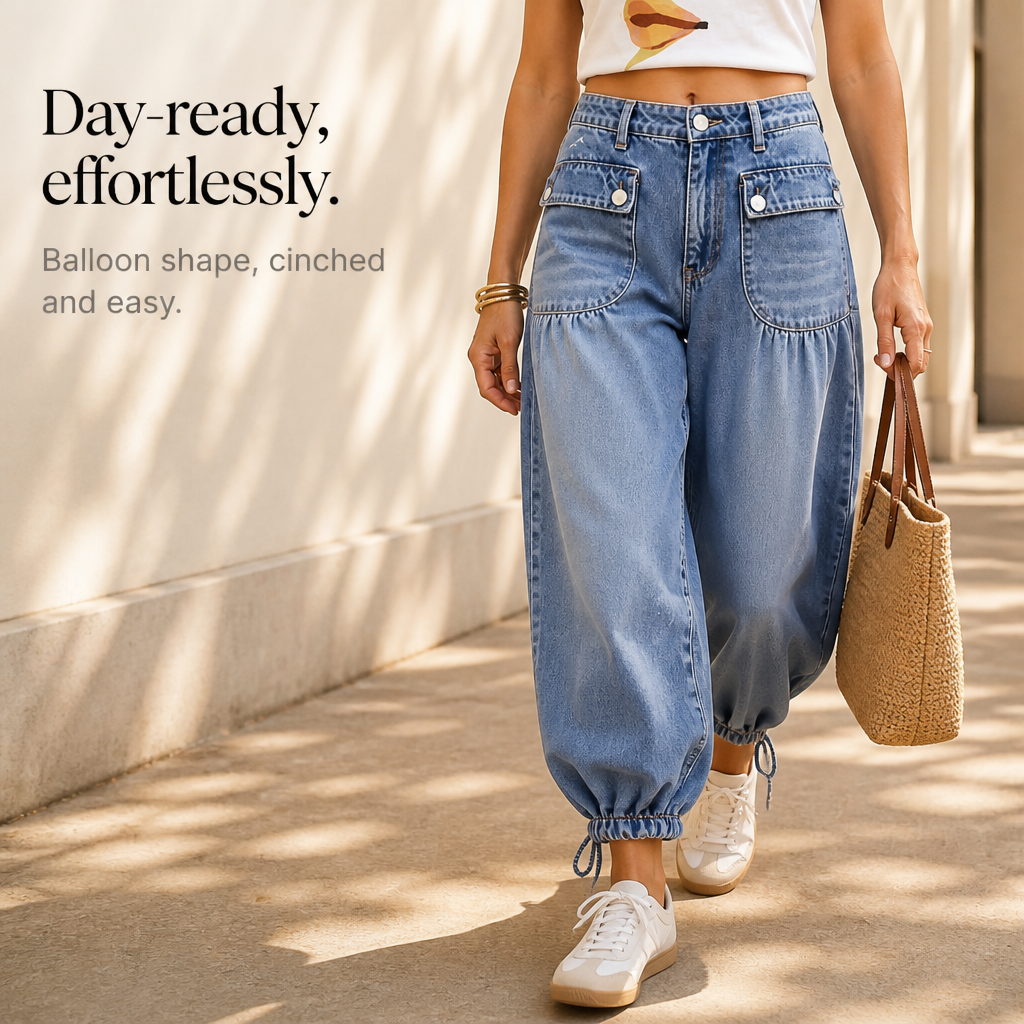 Drawstring Cuff Wide-Leg Balloon Jeans