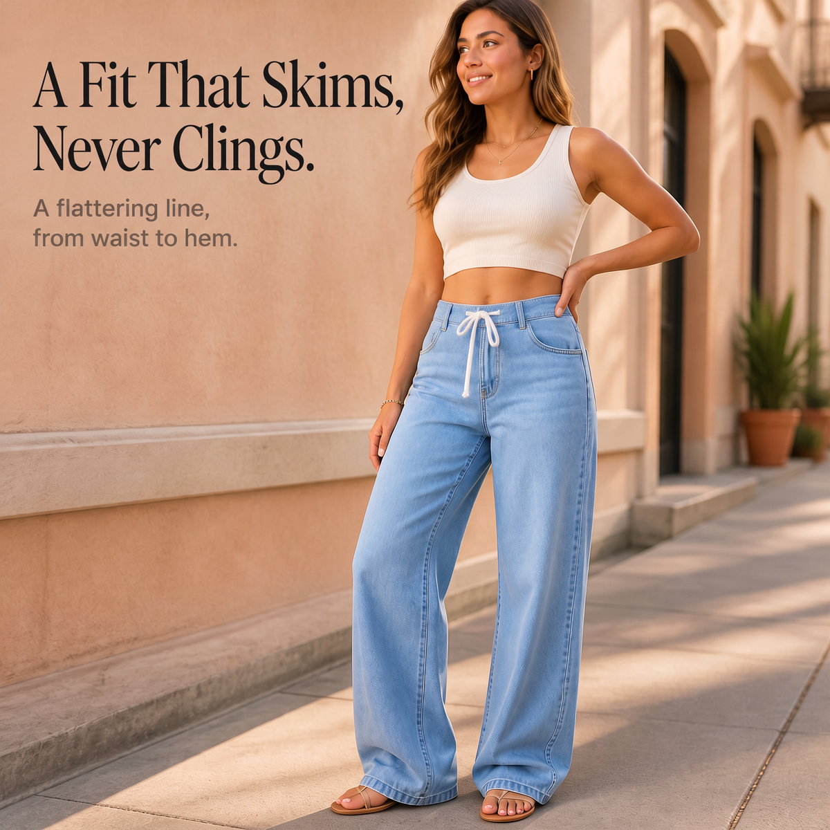 High-Waisted Drawstring Wide-Leg Jeans