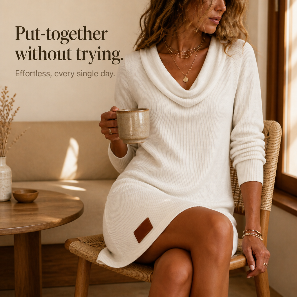 Cowl-Neck Ribbed Knit Sweater Dress