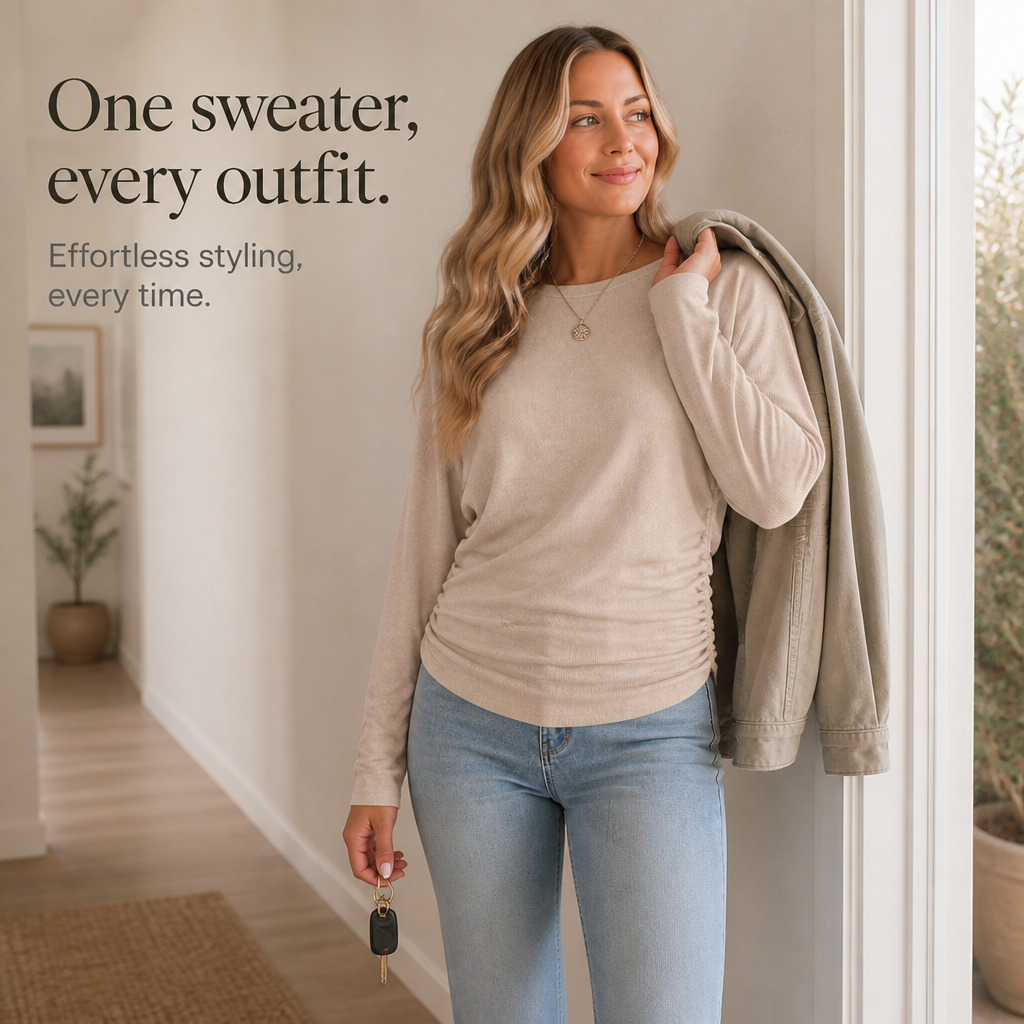 Side-Ruched Batwing Knit Sweater