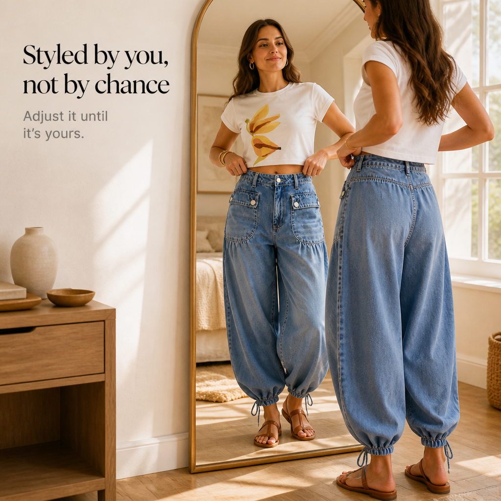 Drawstring Cuff Wide-Leg Balloon Jeans