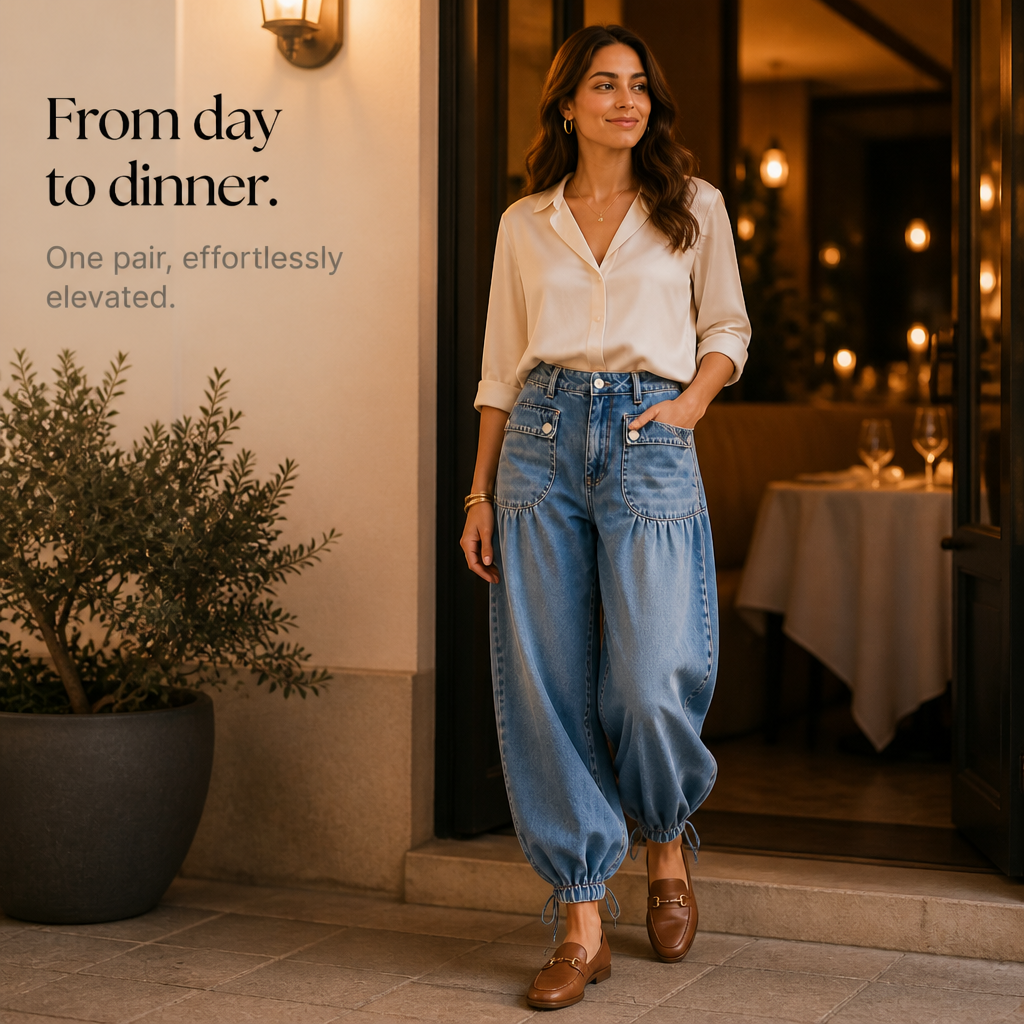 Drawstring Cuff Wide-Leg Balloon Jeans