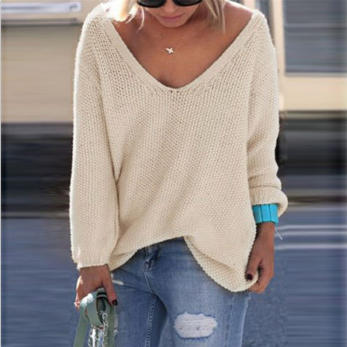 V-NECK LOOSE KNIT PURE COLOR PULLOVER SWEATER