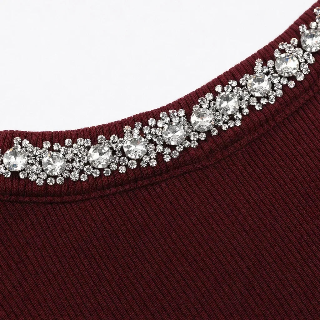 Rhinestone Teardrop Cutout Ribbed Top