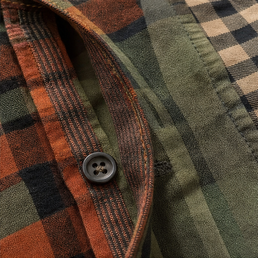 Color-Block Patchwork Plaid Button-Up Shirt