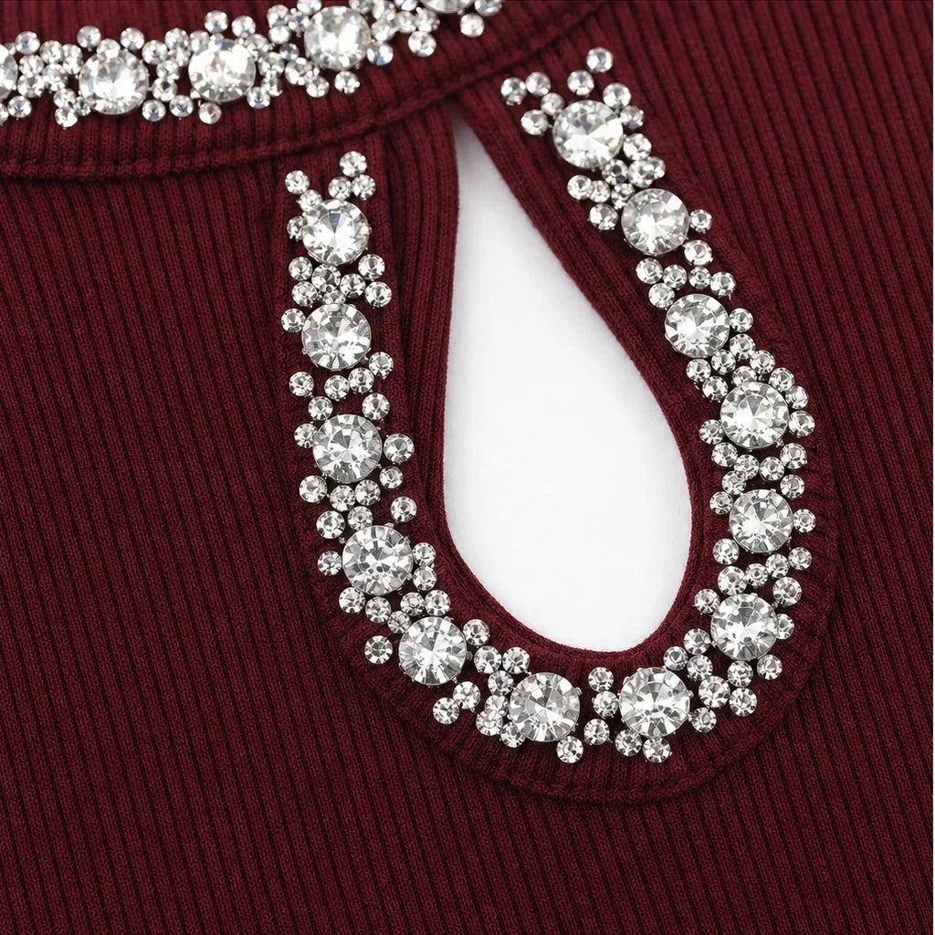 Rhinestone Teardrop Cutout Ribbed Top