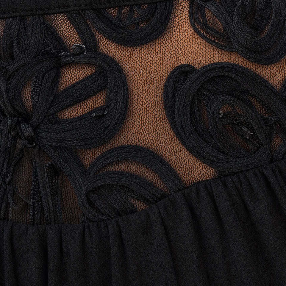 Sheer Floral Lace-Yoke High-Neck Blouse