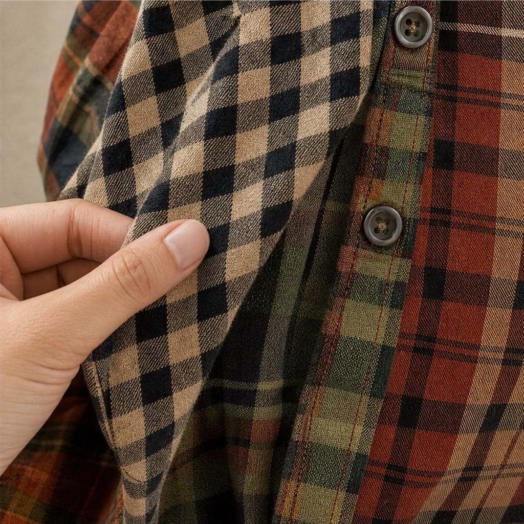 Color-Block Patchwork Plaid Button-Up Shirt