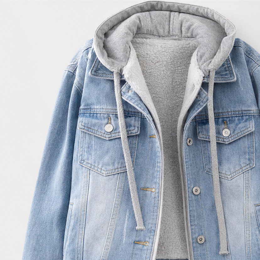 Hooded Two-Tone Layered Denim Jacket