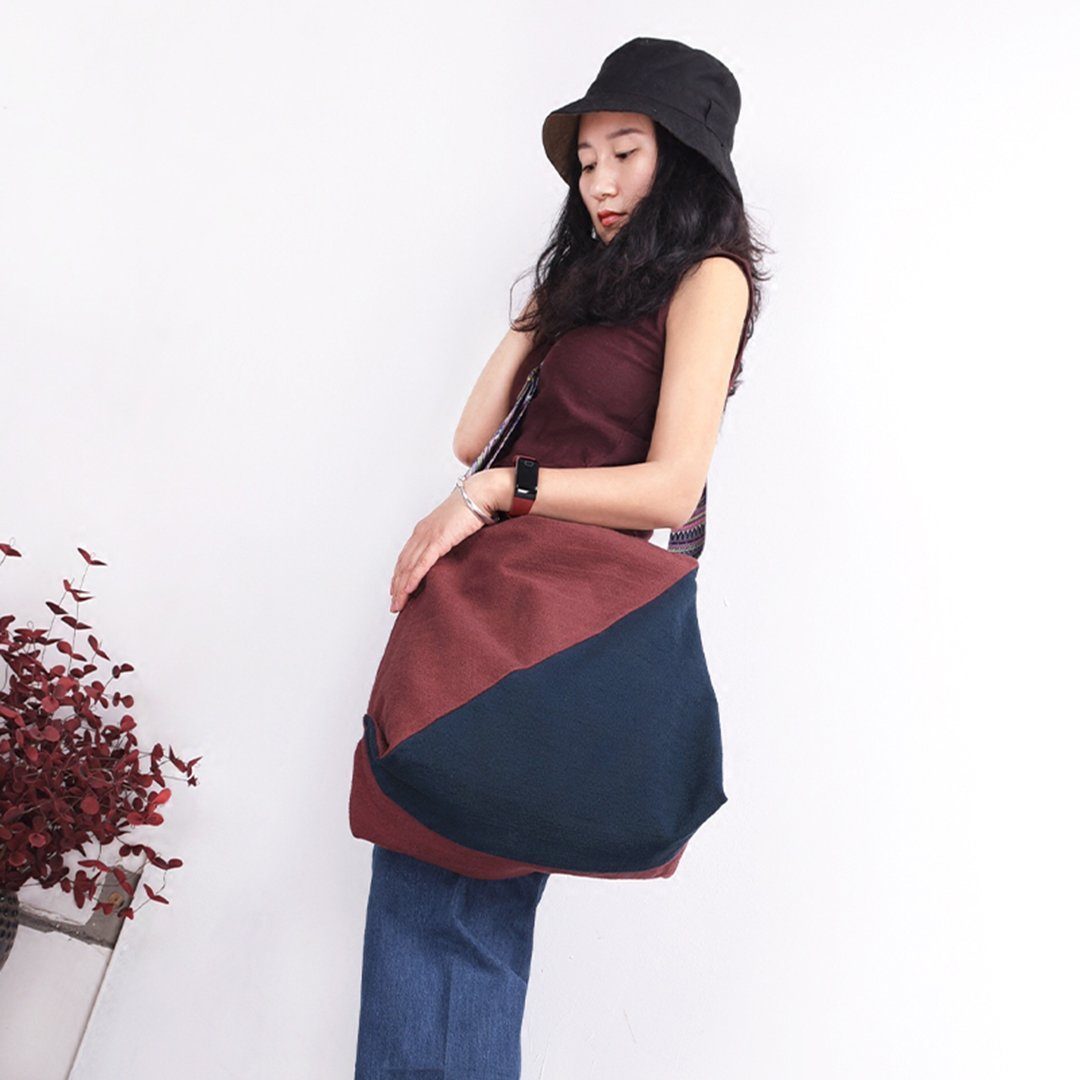 Cotton Linen Color Block Casual Bag Of Large Capacity Crossbody Bag