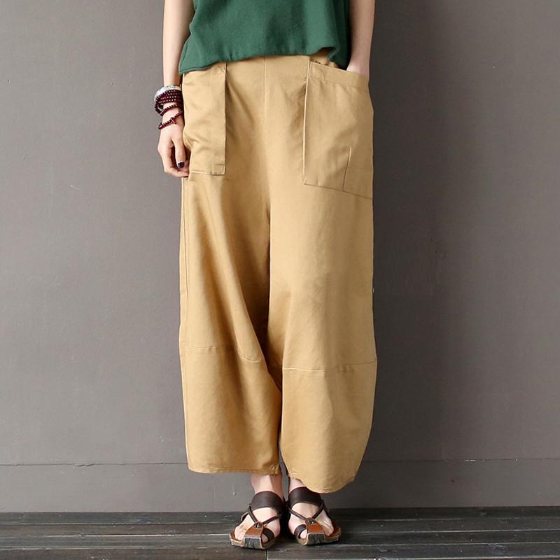 Cotton Linen Elastic Waist Pants With Pockets