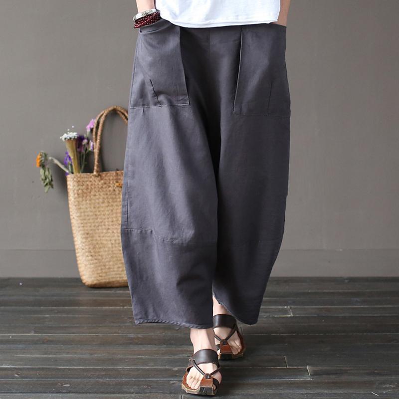 Cotton Linen Elastic Waist Pants With Pockets