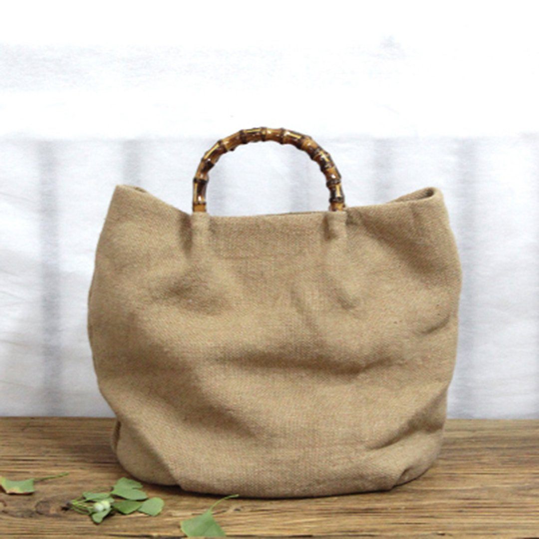 Cotton Linen Simple Bamboo Rattan Handle Casual Bag Crossbody Bag