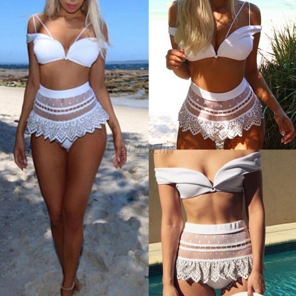 HIGH-QUALITY OFF SHOULDER LACE PATCHWORK HIGH WAIST BIKINI SET SWIMWEAR