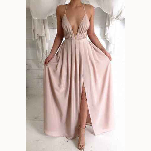 SPAGHETTI V-NECK BACKLESS SOLID COLOR LONG DRESS