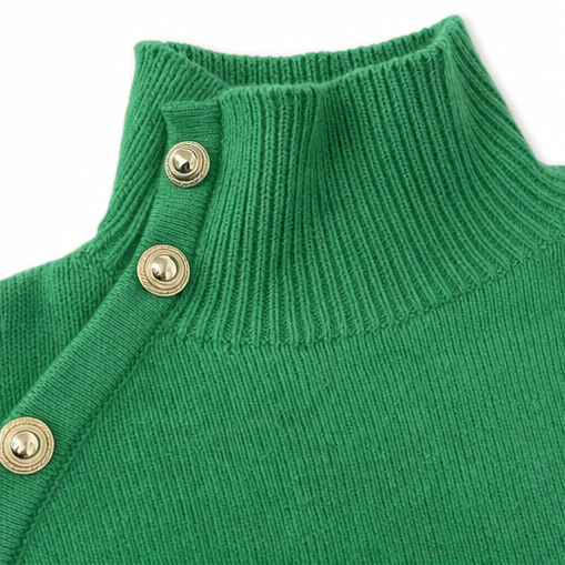 Asymmetric Gold-Tone Button Mock Neck Sweater