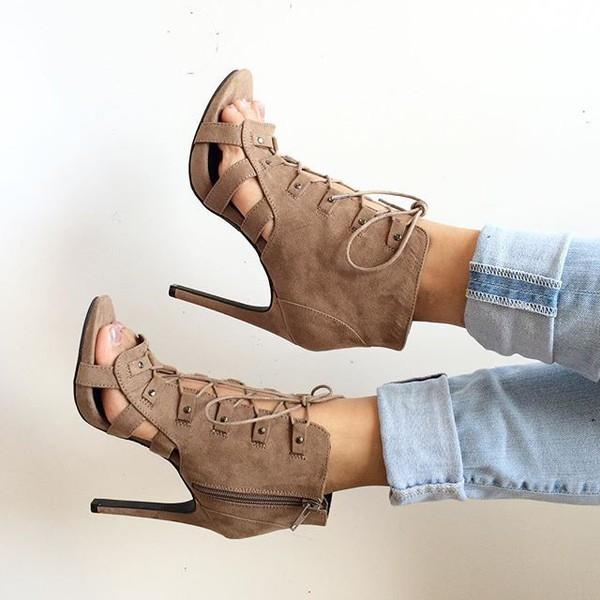 SIDE ZIPPER LACE UP STILETTO HIGH HEEL ANKLE BOOT BROWN SANDALS