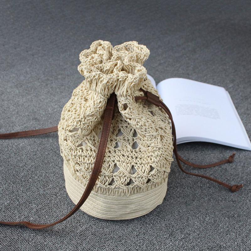 Drawstring Travel Crochet Straw Bucket Bags