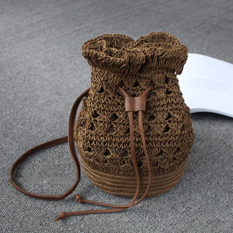 Drawstring Travel Crochet Straw Bucket Bags