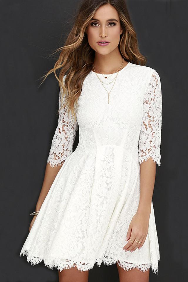 PURE COLOR LACE SCOOP HALF SLEEVES SHORT DRESS