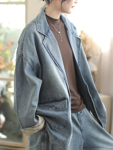 Ladies Retro Loose Washed Lapel Denim Jacket