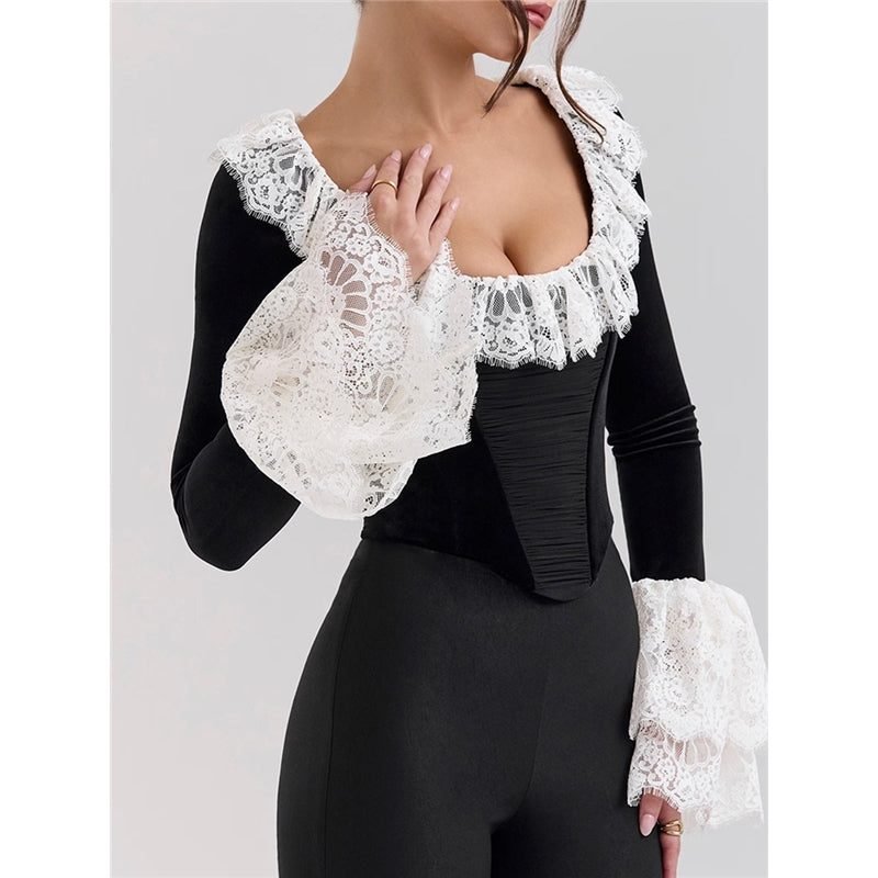 Christmas Velvet Lace Trim Flare Sleeve Square Neck Women's Top