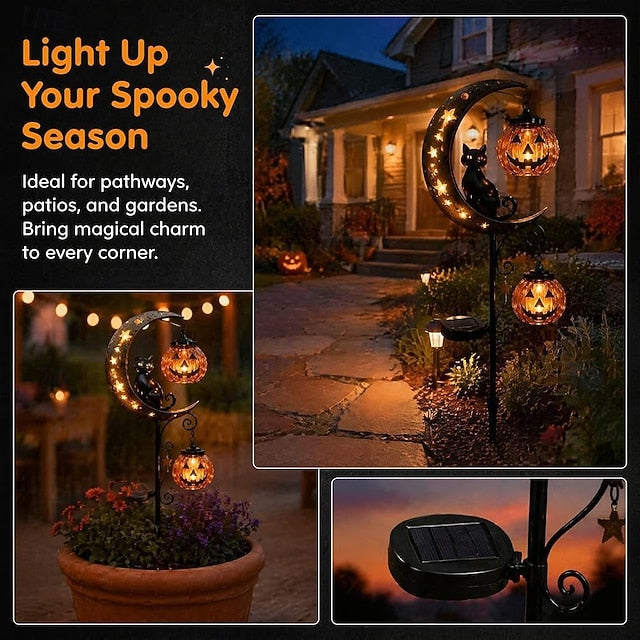 Halloween Solar Lights Outdoor Waterproof, Moon Black Cat Garden Stakes with 2 Hanging Pumpkin Lanterns, Decorative Metal Pathway Lights for Yard Patio Porch Pathway Decor, Spooky Landscape Lighting