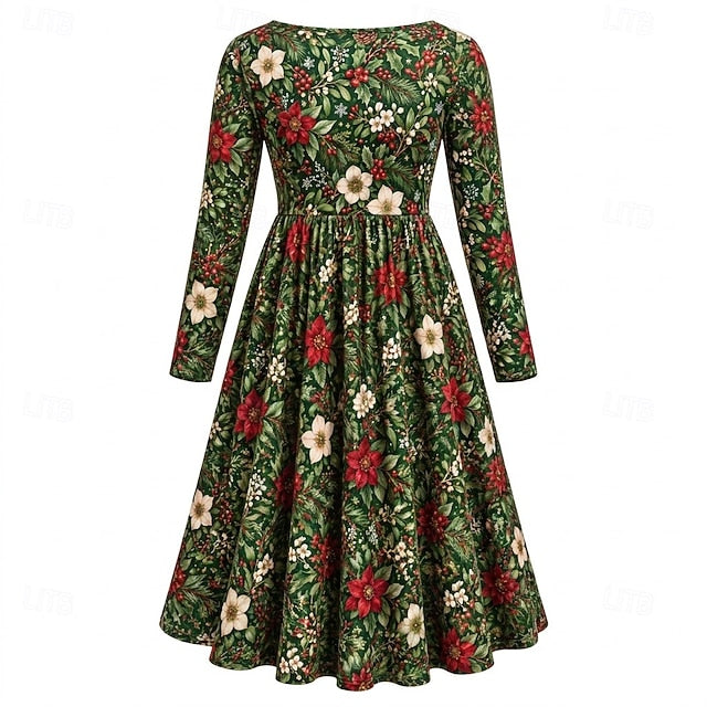 Christmas 1950s Retro Vintage Midi Flare Dress Long Sleeves Floral Fit & Flare Round Neck Fancy Dress Women's Christmas New Year Party Casual Daily Adults' Dress Fall & Winter