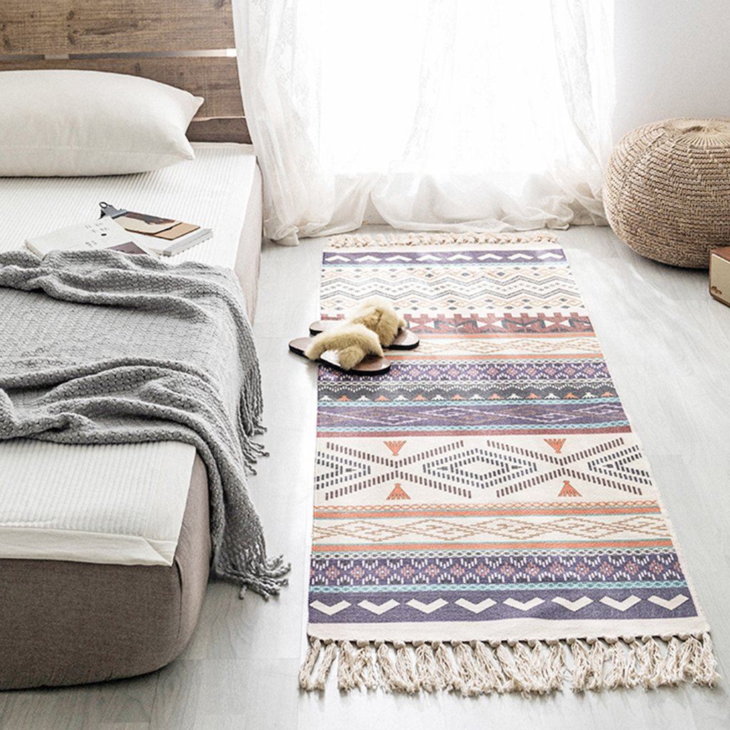 Ethnic Style Cotton Linen Bedroom Carpet Mat