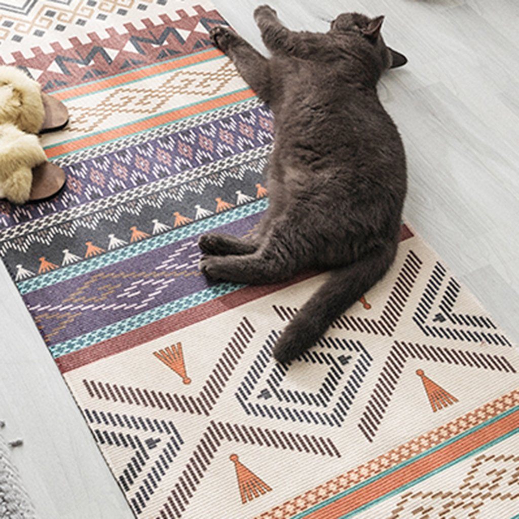Ethnic Style Cotton Linen Bedroom Carpet Mat